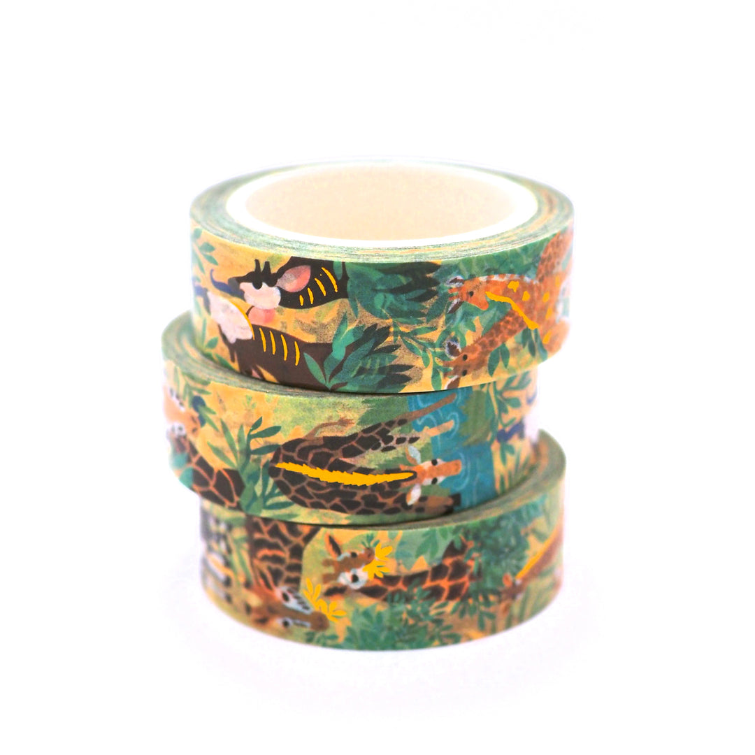 Three rolls of decorative tape with animal patterns on a white background