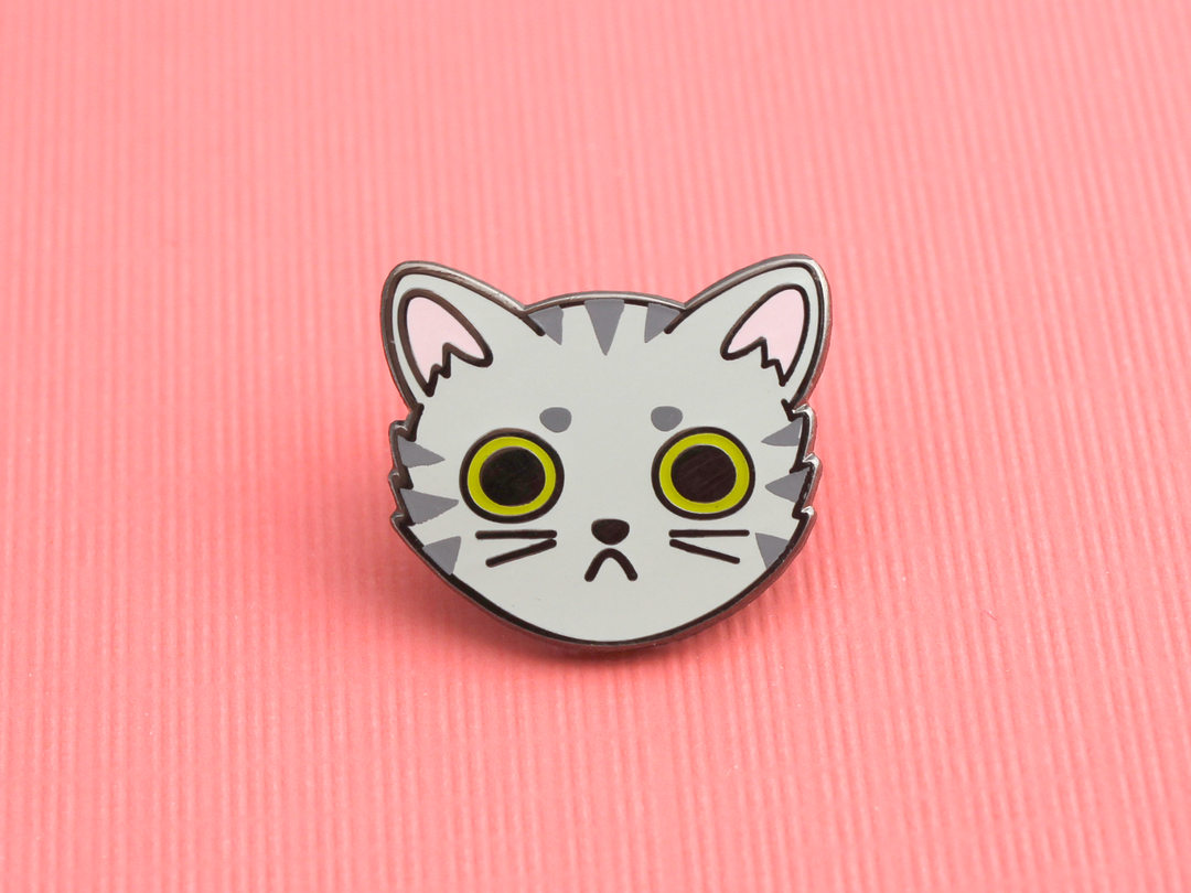 Gray Tabby Cat Face Pin - Oh Plesiosaur