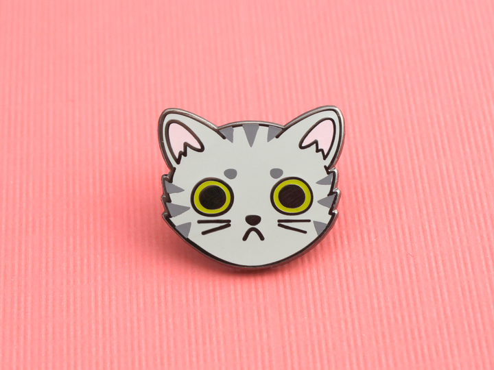 Gray Tabby Cat Face Pin - Oh Plesiosaur