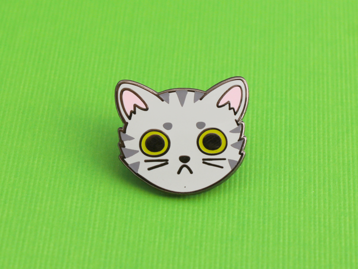 Gray Tabby Cat Face Pin - Oh Plesiosaur