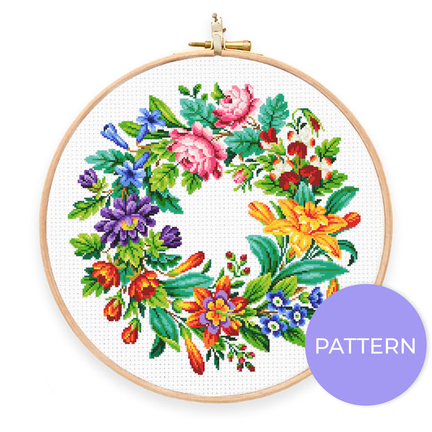 Vintage Floral Wreath Cross Stitch Pattern - Oh Plesiosaur